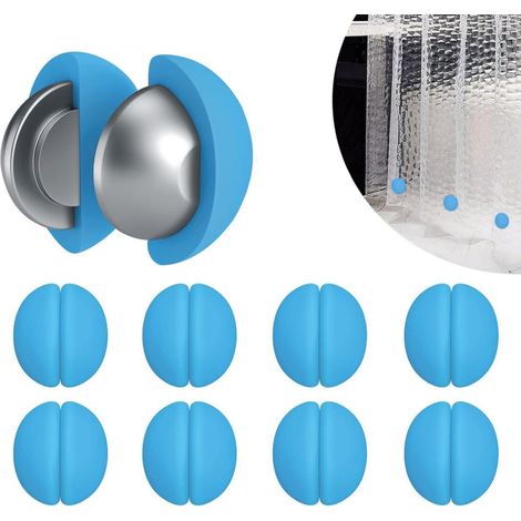 Lot de 8 paires de magnets pour rideau de douche à revêtement en silicone bleu, clips magnétiques anti-rouille et étanches, fixe anti-volant pour rideau de salle de bain (1/5)
