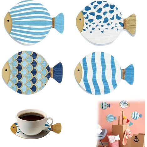 4 Pieces Wall Decor, Beach Decorations for Home, Wall Decoration, Wood, Bathroom Decor, Fish Decorations, Coastal Themed Decorations, Roller Coastal Themed Decorations (1/5)