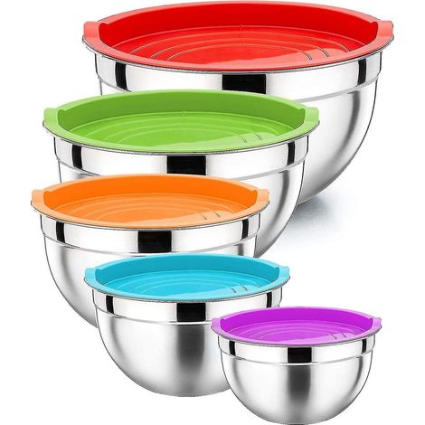 Juego de 5 boles para mezclar con tapa, de plástico apto para uso alimentario, con base antideslizante, para la cocina. (1/5)