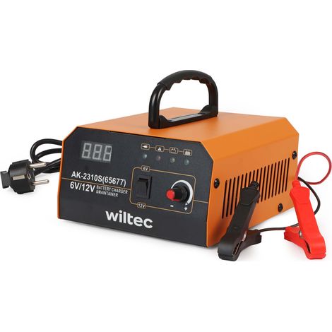 Wiltec Cargador 6-12 V, recargador de batería con intensidad variable 3-10 A, 10-150 Ah para baterías de automóviles y motocicletas, cargabaterías inteligente con pantalla LCD y asa de transporte