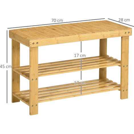 Banc d'entrée bambou naturel avec 3 niveaux, meuble à chaussures pour 6 paires, rangement mural ou d'appoint, 70 x 28 x 45 cm, étagère pratique et écologique. (1/5)