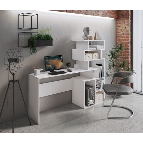 Dmora Escritorio con estantería alta moderna, Consola con estantes de almacenamiento, Mesa de estudio para dormitorio, 160x40xh135 cm, Color blanco, con embalaje reforzado (1/4)