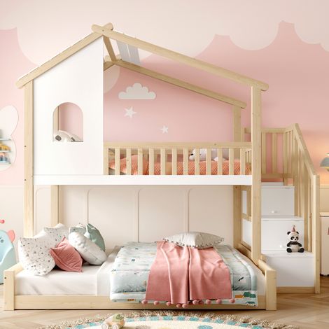 Cama litera con almacenaje casita pino natural blanca OKMYHOME (1/5)
