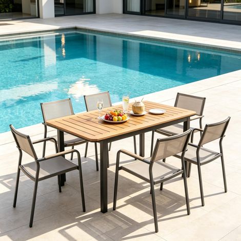 Tavolo da pranzo da giardino 127x70x75 cm metallo e plastica marrone, 6 posti – MEUBLIV (1/5)