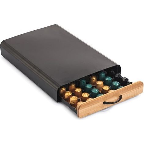 MSV – Tiroir de rangement pour capsules Nespresso – Design industriel en bambou et acier – Noir mat – Compatible avec cafetières Nespresso