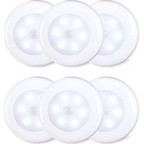Confezione da 6 luci LED con sensore di movimento da 8 cm per interni, alimentate a batteria AAA, adesive per scale, sottopensili, armadi, bianco freddo (1/4)