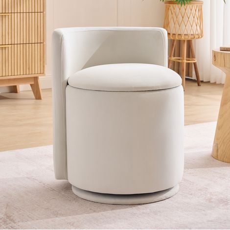 Silla de tocador de 47,5 x 47,5 x 56,5 cm, giratoria 360°, con almacenamiento de 20 L, respaldo curvado, terciopelo para dormitorio - beige (1/5)