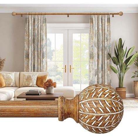 Tringle à rideaux extensible 80-148 cm, 25 mm, en métal, aspect bois, style bohème, embouts décoratifs, avec supports, charge lourde, pour fenêtre, salon et chambre à coucher (1/5)