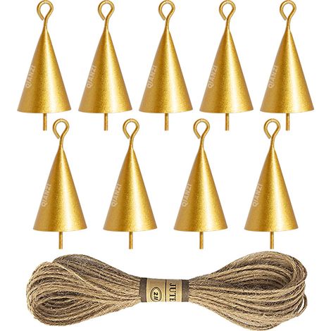 Retro-Hanfseil-Trompetenglocken – DIY-Weihnachtsglocken aus Metall – Offene konische Glocken im Großhandel – Sandgold – 9 konische Glocken mit geradem Rand + 2
