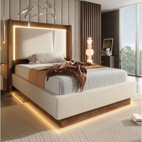 Einzelbett 90x200 mit Lattenrost, LED und hydraulischem Stauraum, Beige/Nussbaum OKWISH (1/5)
