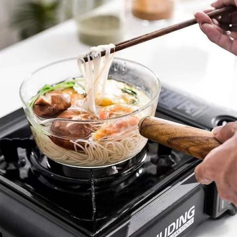 Pot à lait en verre Borosilicate 400ml, avec manche en bois, casserole résistante à la chaleur pour cuisinière (1/4)