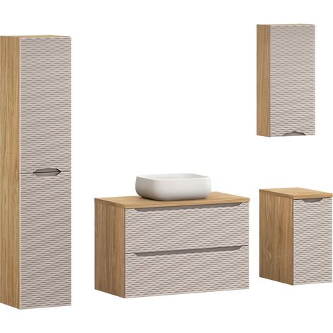 Badmöbel Set 4-teilig mit 90cm Waschtisch, Eiche mit beige, OLUO-56-BEIGE (1/5)