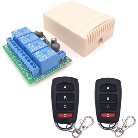 Commutateur de télécommande sans fil DC 12V 24V 4CH, récepteur de relais radiofréquence DC 6-30V 10A 4 canaux 433Mhz avec 2 émetteurs RF, pour lumières, porte de garage, moteur, auvent (1/5)