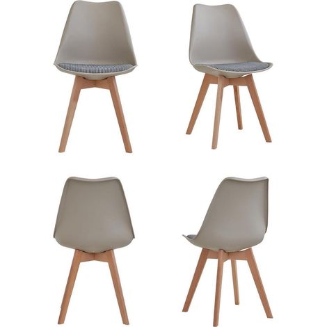 Esszimmerstuhl 4er-Set, skandinavisch, Massivholzbeine, gestreiftes Sitzkissen, beige (1/5)