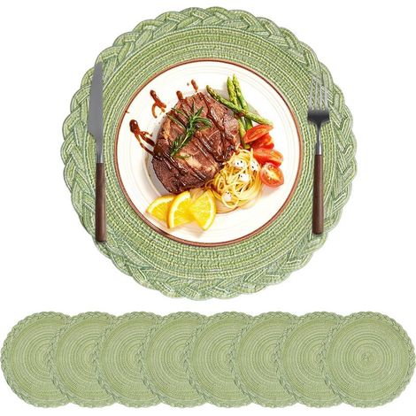 Lot De 8 Sets De Table Ronds, Lavables, Tressés, Résistants À La Chaleur, Style Bohème (8 Rayures Florales, Vert) (1/5)