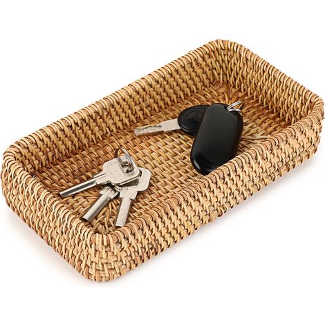 Plateau en rotin pour clés - Petit panier décoratif en osier tissé - Plateau de rangement pour clés, coiffeuse, bougie, décoration, parfum (1/5)