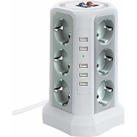 Tour multiprise parafoudre et surtension, Multiprise Electrique avec 5 Ports USB et 12 Prises, multiprise avec et 3 Interrupteurs, Blanc (1/4)