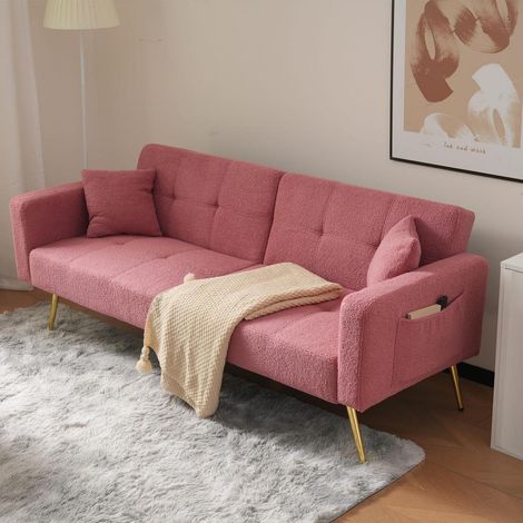 Schlafsofa 2-in-1 mit Schlaffunktion, verstellbarer Rückenlehne, Seitentaschen und goldenen Beinen, Rosa (1/5)