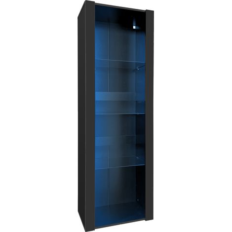 Vitrine mit 1 Tür, 3 Glasböden und LED, Hochglanz, für Wohnzimmer aus Spanplatte 55 × 38 × 166 cm Schwarz (1/5)