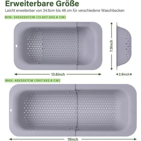 Passoire - NELXIBI - Rétractable - 34.5 x 48 cm - PP de qualité alimentaire - Gris (1/4)
