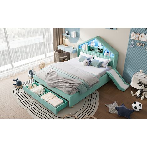 Lit cabane enfant 140x200 cm rembourré en velours avec toboggan, LED, coffre rangement et tête de lit maison - Bleu vert (1/5)