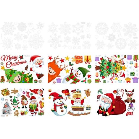 Autocollants de fenêtre de Noël - Motif Père Noël - Couronne de flocons de neige - Décoration de fenêtre - Double face - PVC - Pour fenêtre en verre - Décoration de Noël (1/5)