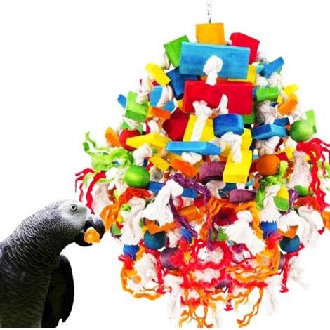 Großes Papageienspielzeug, robustes Kauspielzeug, Wellensittichspielzeug aus Naturholz, für Papageienkäfige und große bis mittelgroße Vögel, Spielzeug für Graupapageien (bunt) (1/5)
