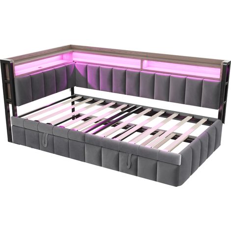 Letto imbottito divano letto 90x200 cm con letto estraibile, LED, USB-C, velluto grigio scuro (1/5)