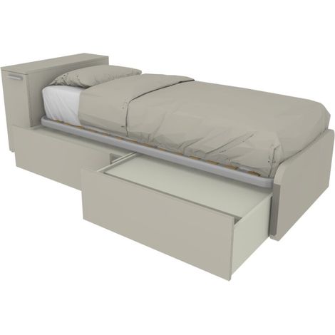 Letto singolo salvaspazio con cassetti e testata contenitiva - Ecru cappuccino
