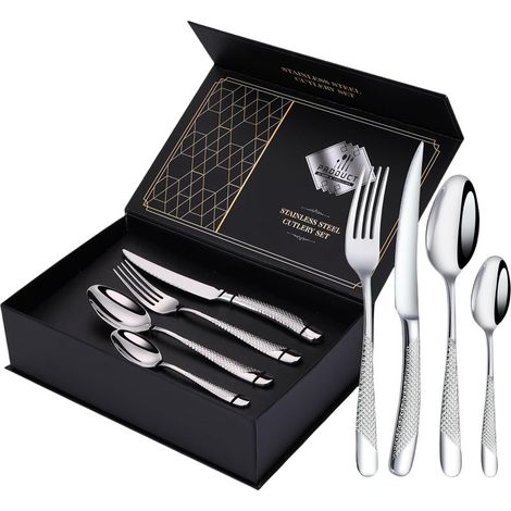 Lot de 24 couverts martelés en acier inoxydable avec couteau, fourchette, cuillère, couverts pour 6 personnes, couverts modernes en argent pour la maison/restaurant/fête