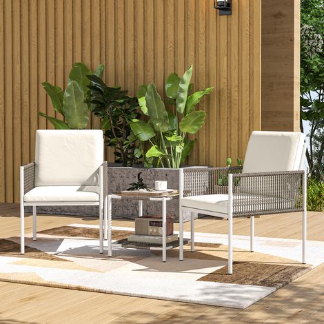 Juego de 2 Sillas y Mesa de Ratán con Cojines Acolchados y Encimera de Vidrio para Balcón Terraza Marrón y Crema (1/5)
