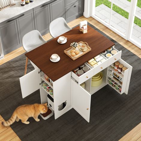 Isla de cocina 120/70/90 cm en blanco y nogal oscuro con tablero extraíble, 3 cajones y zona pet (1/5)