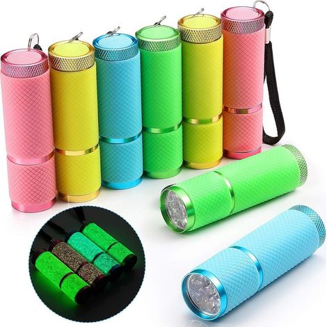 Juego de 8 linternas fosforescentes con 9 LED, mango recubierto de goma, mini linterna LED fluorescente, lámpara portátil de aluminio para fiestas, senderismo, camping, en 4 colores. (1/5)
