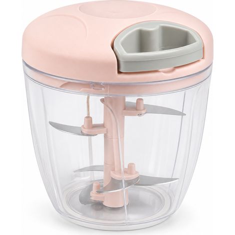 Hachoir à ail manuel 500 ml, rose, avec 3 lames — presse-ail à tirer pour hacher l'ail en quelques secondes (1/5)