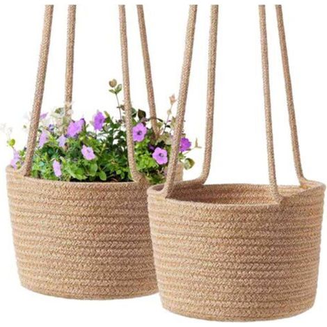 Lot de 2 paniers suspendus en macramé – Corde de coton naturel – Dimensions 20x20x15cm – Décoration intérieure et extérieure (1/5)