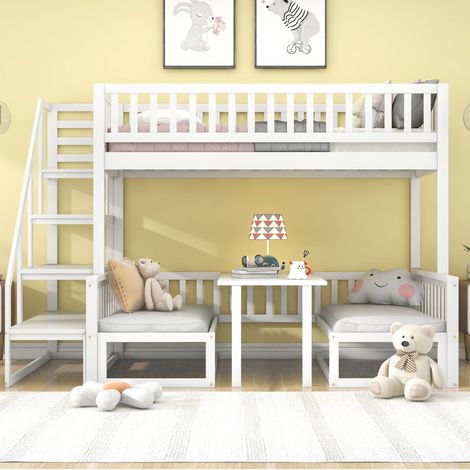 Lit superposé 90/200 cm et 120/200 cm blanc avec table réglable et banquettes en bois (1/5)