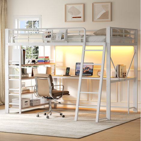 Lit mezzanine métallique blanc 140 x 200 cm avec bureau, étagère LED et charge USB (1/5)