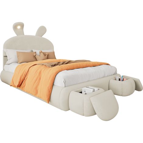 CHICFURN Cama doble 140x200 cm de terciopelo beige, orejas de conejo, LED y almacenaje (1/5)