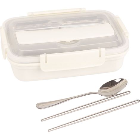 Lunchbox aus Edelstahl 304 mit 4 Fächern, passendes Geschirr, ideal für Schule und Büro (weiß). (1/5)