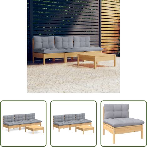 Canapé extérieur - Salon de jardin 4 pcs avec coussins gris Bois de pin (1/5)