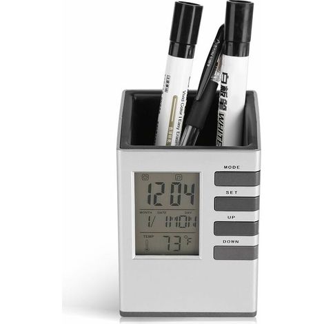 Fdit Horloge LED de Bureau MultifonctionnBrosse Pot Support Stylo Affichage de Température Réveil d'écran à Cristaux Liquides Digital pour Bureau Maison 10.8 8 8cm (1/5)