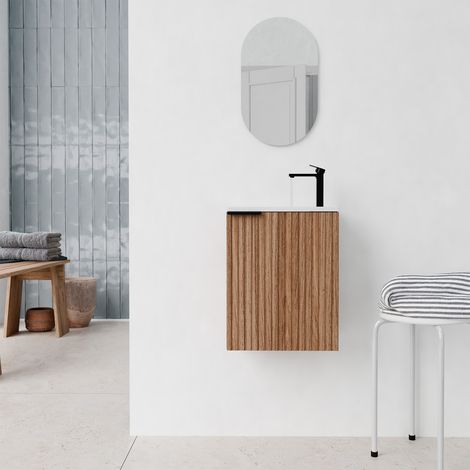 Set mobile da bagno salvaspazio in MDF ondulato legno 40x50x22 cm e specchio ovale - MILO