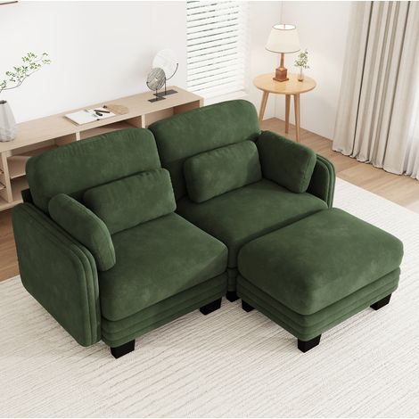 Sofá modular en L de 2 plazas de chenilla verde con puff, estructura de madera, 176 x 143 x 88 cm (1/5)
