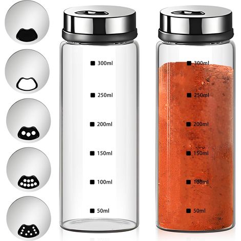 Set aus 2 großen Glas-Salz- und Pfefferstreuern mit verstellbaren Ausgießlöchern, Salz- und Pfefferstreuer mit abnehmbaren Edelstahldeckeln (1/5)
