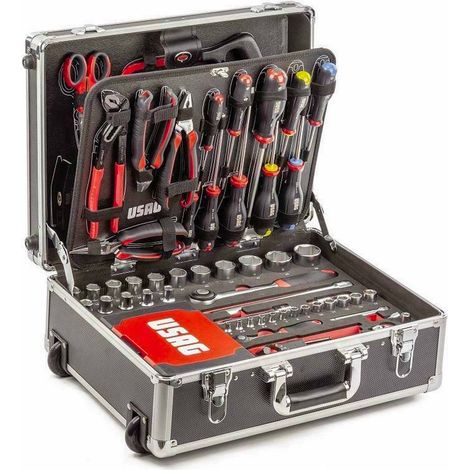 Usag – Valise à roulettes pour entretien – Structure en aluminium avec renforts métalliques – 3 panneaux porte-outils – Dimensions 460x370x200mm (1/4)