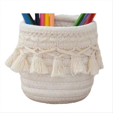 Panier de rangement tressé en corde de coton faite main, blanc, pour bureau, jouets, cosmétiques, clés, goûter et autres petits objets. (1/5)