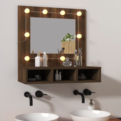 Spiegelschrank mit LED,Bad Hängeschrank,Wandschrank Braun Eiche-Optik 60x31,5x62 cm CCA364707 BonneVie (1/5)