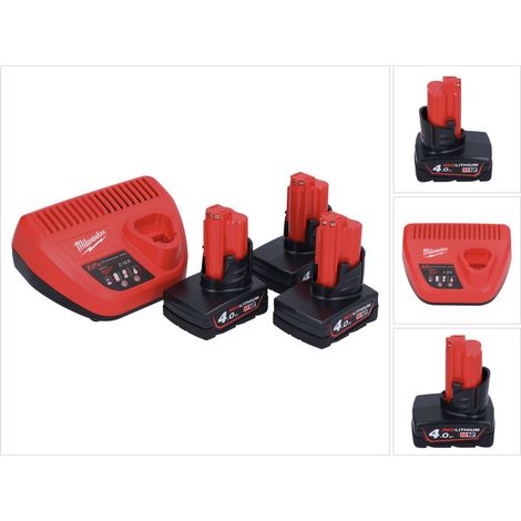 Milwaukee M12 NRG-403 Akku Starter Set 3x 12 V 4,0 Ah / 4000 mAh Li-Ion Akku + C12 C Ladegerät