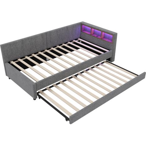 Lit de jour 90x200cm, canapé-lit, compartiment de rangement au chevet, USB+Type C, avec bande LED, lit avec lit gigogne, lit avec sommier à lattes (sans matelas), lin, gris (1/5)