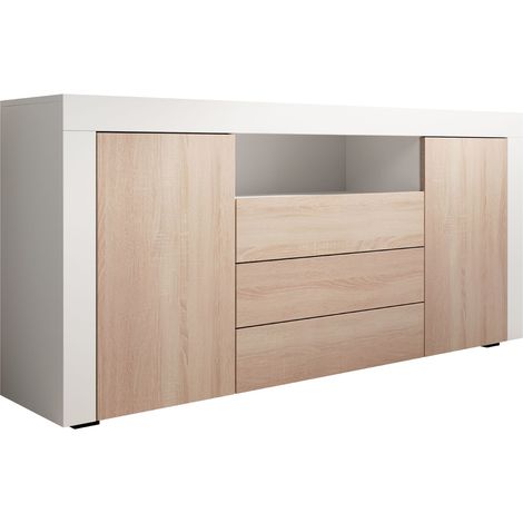 Credenza 2 ante 3 Cassetti Madia Moderna Mobiletto Sala da Pranza Buffet 160x72x35cm Modello Yanis Bianco e Sonoma Finitura Opaca